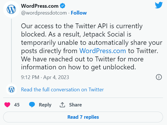 Twitter暂停WordPress.com对Twitter API访问-搬主题