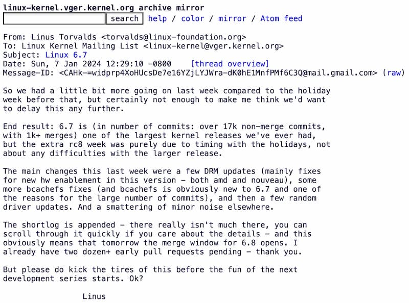 Linux Kernel 6.7已正式发布 合并Bcachefs文件系统-搬主题
