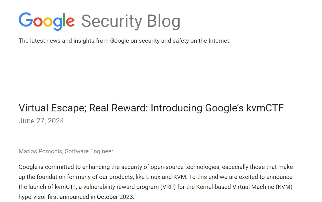 Google谷歌为KVM虚拟机管理程序零日漏洞悬赏25万美元-搬主题