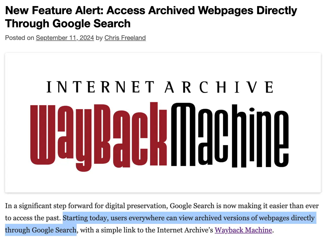 谷歌开始在搜索结果加入互联网档案馆Wayback Machine-搬主题
